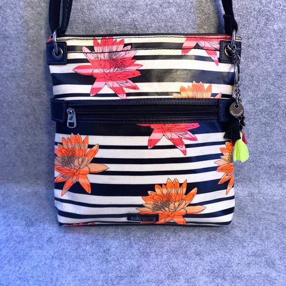 Sakroots Artist Designed Crossbody Bag, Black and White Striped Colorful Flowers - Picture 2 of 10